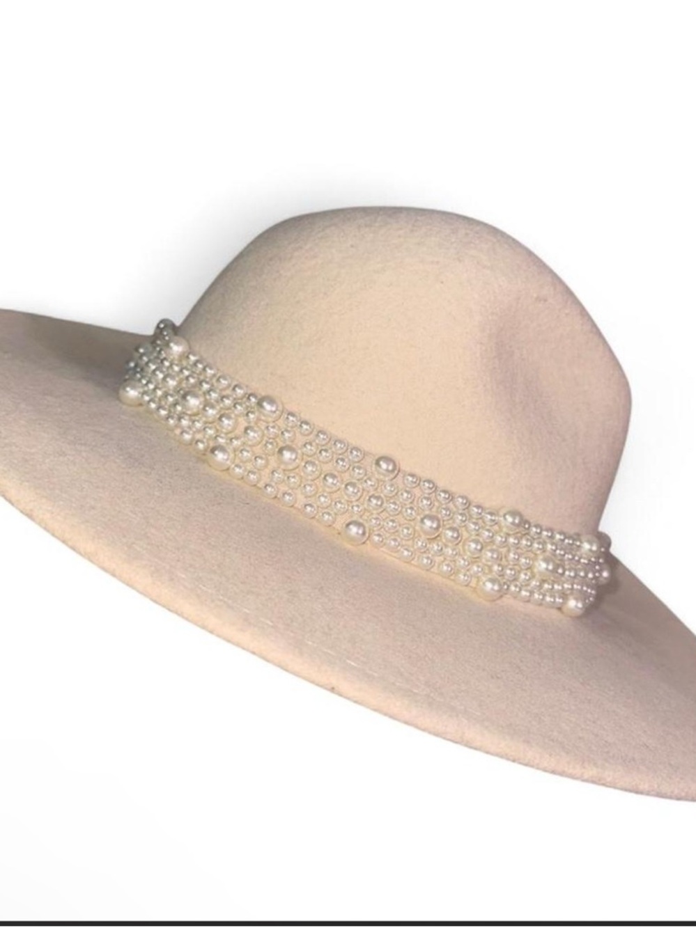 Wide Brim Felt Hat with Pearl Band - Cream - Picture 1 of 4